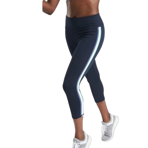 Athleta Pants - Athleta Navy Blue Contender Side Stripe Capri Tights Leggings